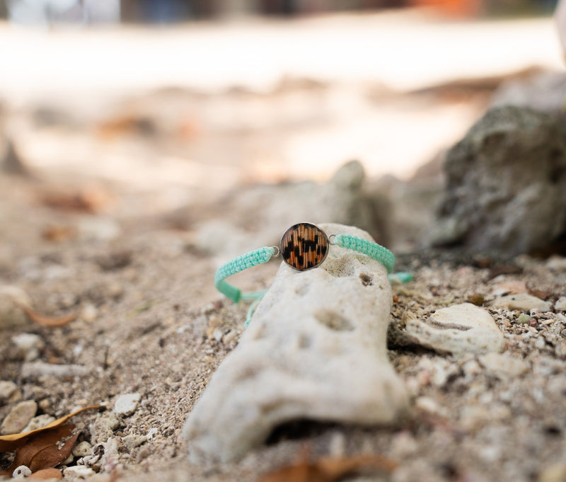 FINS Belize signature lionfish bracelet displayed on beach coral, highlighting the jewelry made from invasive lionfish to protect Belize’s reefs and the oceans ecosystem